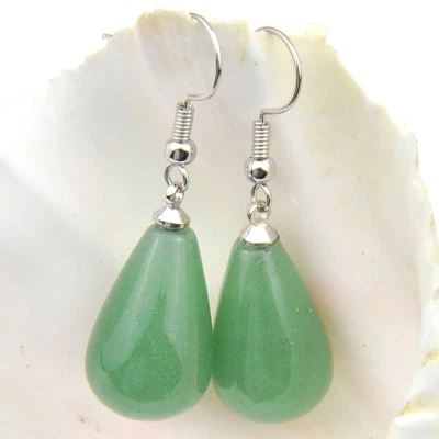 Gorgeous Holiday Gift Natural Teardrop Green Agate Gems Silver Dangle Earrings - Image 1 of 4