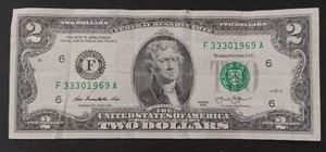$2 Dollar Bill – 2013 Series – Serial Number F333011969 – Circulated - Picture 1 of 2