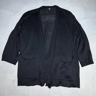 Cárdigan Eileen Fisher Mujer Pequeño Lino Orgánico Negro Frente Abierto Minimalista Foto 1 de 4