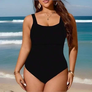 Plus Size Black One Piece Swimsuit Scoop Neck Backless High Waist (01XL-3XL) - Picture 1 of 6