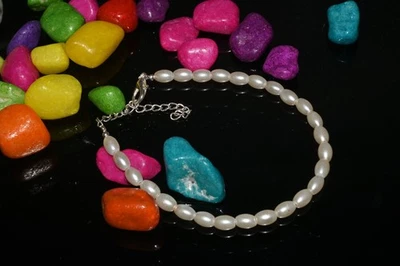 Pulsera hecha a mano con cuentas de piedras preciosas lisas con forma de tambor de perlas naturales de agua dulce 6-8" Foto 1 de 4