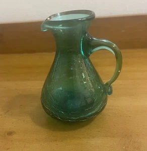 MCM Vintage Hand Blown Teal Crackle Glass Mini Pitcher Vase 4-1/4” Tall. A-10 - Picture 1 of 9
