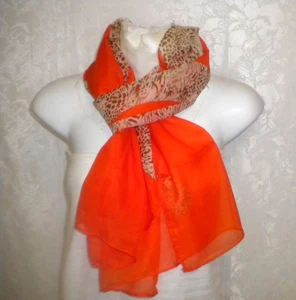 Oversized Silk Long Scarf Orange w Beige & Brown Animal Print Silky Box14 - Picture 1 of 4