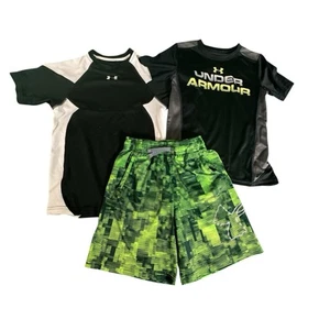 Under Armour Youth Small Lot 3 Shirts Shorts Green Black HeatGear Athletic - Picture 1 of 12