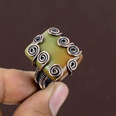 Anillo de joyería envolvente de alambre de cobre hecho a mano con piedras preciosas de jaspe verde tamaño 8,5 e869 Foto 1 de 4