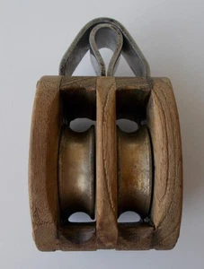 Bloque de vela de madera vintage MARINER 5/8" D bronce doble poleas OAL 4 3/4" - Imagen 1 de 5