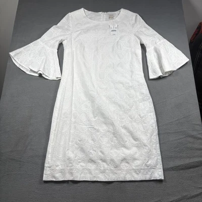 J Crew 连衣裙女式 XXS 白色孔眼换档喇叭袖棉质衬里派对 — 第 1/4 张图片