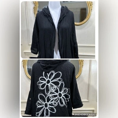 Gigi Moda Italy Linen Hooded Jacket Black Drawstring Hem Floral Back OS - Image 1 of 4