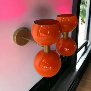 Mid-Century Modern Orange Double Wall Sconce Italian Stinovo Brass Vanity Light - Picture 1 of 14