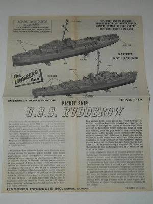 LINDBERG U.S.S. RUDDEROW PICKET SHIP Model No. 778M Assembly Instructions ONLY! - Image 1 of 4