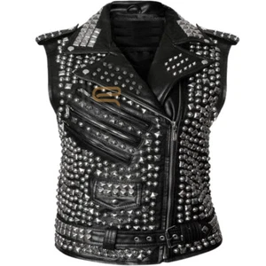 New Handmade Men's Rock Steam Punk Black Fully Studded Genuine Leather Vest - Picture 1 of 5