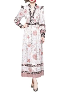  Maxi Vestido de Playa Estampado Floral Cuello Bufanda Manga Larga Mujer Línea A - Imagen 1 de 12