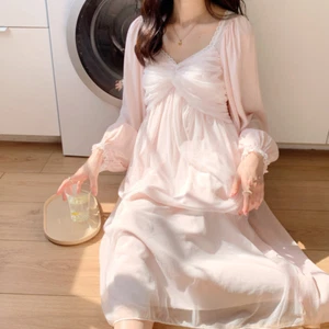 Lady Sleepwear Long Mesh Dress Tulle Nightdress Nightie Lace Trim Nightwear Home - Picture 1 of 14
