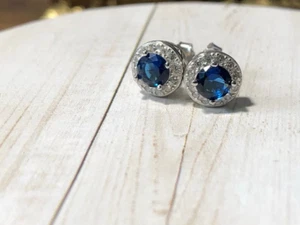 3 Ct Round Cut Simulated Blue Sapphire 14k White Gold Plated Halo Stud Earrings - Picture 1 of 4