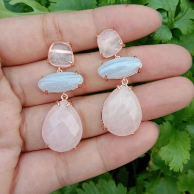 Rose Quartz Blue Chalcedony Dangle Stud Earrings Gemstone  women Fashion Jewelry - Image 1 of 4