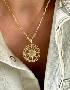 Pave CZ SUN Necklace SUNBURST PENDANT Golden Statement CHAIN Sun Pendant - Picture 1 of 7