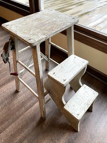 Vtg. Painted Wooden Folding Step Stool, Chair ,Rustic Patina w/Swing Away Opener Cover