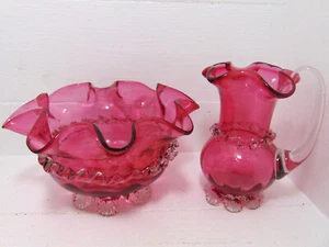 Victorian Cranberry Glass Jug & Bowl (Pitcher & Basket) c1870+ - Picture 1 of 3