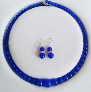 6-14mm Aquamarine/Alexandrite/Jade Gems Round Beads Necklace + Earrings Set 18"