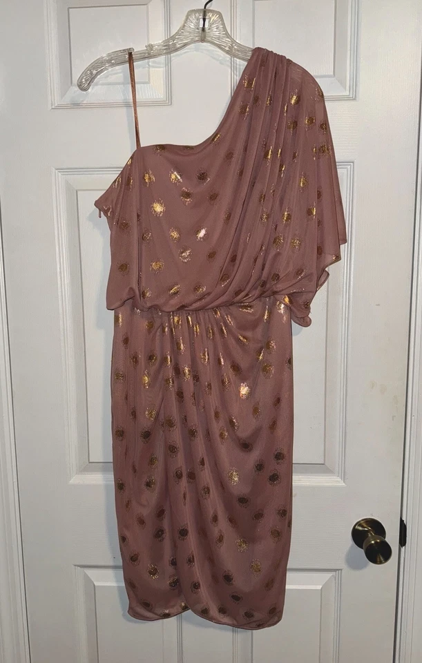 Adriana Papell Evening Dress Gold Foil One Shoulder Light Mauve Women’s Size 14 - Image 1 of 3