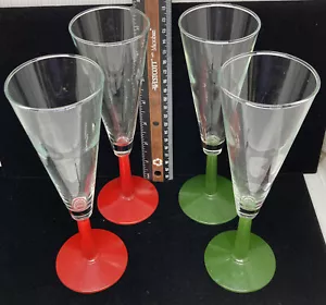 Mid Century moderne Champagnerflöten rote und grüne Stängel Weihnachten Toast 4 Stck. - Bild 1 von 15