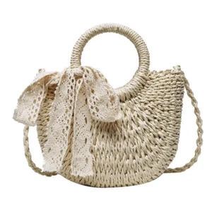 Handmade Half-Round Rattan Woven Straw Bag Summer Women Messenger Crossbody Bags - Picture 1 of 16