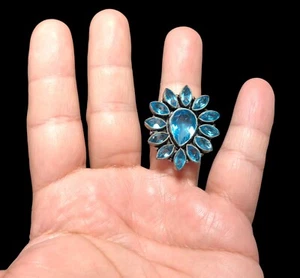 Vintage Aqua Blau Stein Sterlingsilber Platte Blume Floral Statement Ring 9,5 - Bild 1 von 8