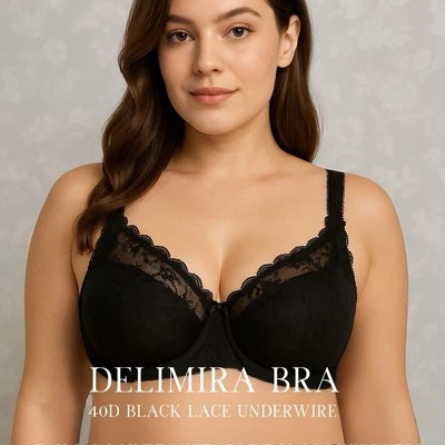 Delimira Bra 40D Black Lace Underwire Full Coverage Stretch Support Unlined - Image 1 of 4