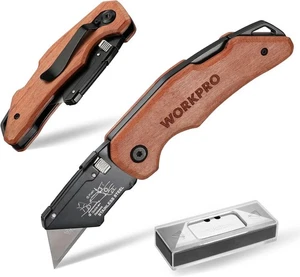 WORKPRO Coltello Utilitario Pieghevole Cambio Rapido Lama Back Lock Manico Legno 10 Lame - Foto 1 di 9