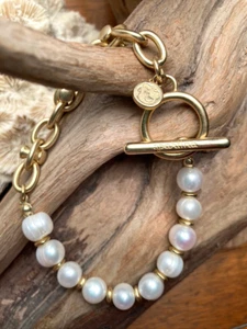 Spartina 449 Freshwater Pearl Hourglass Bead Toggle Bracelet w/18K Gold Plating - Picture 1 of 20