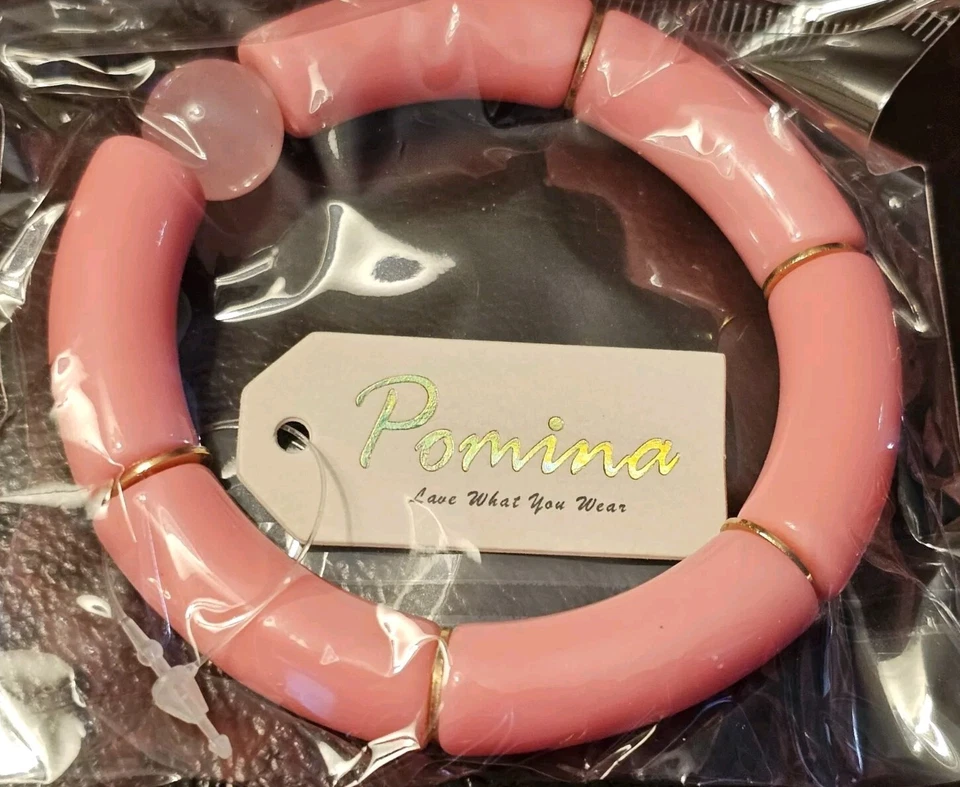 POMINA Sleek Vivid Pink Acrylic Gold-tone Accent Stretch Bracelet, New with Tag — 第 1/1 张图片