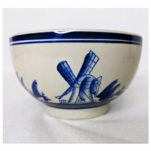 Blue Delft Style Pottery Bowl Windmill Sailboats Scenic Vintage Hand Painted - Foto 1 di 11