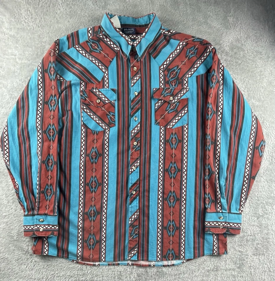 Винтажная мужская рубашка John Blair 2XL бирюзово-красная ацтекская с геометрическим узором сделано в США 90-е - Изображение 1 из 4
