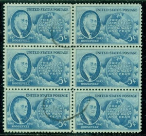 SCOTT # 933 BLOCK OF 6, ROOSEVELT, USED, GREAT PRICE! - Picture 1 of 1