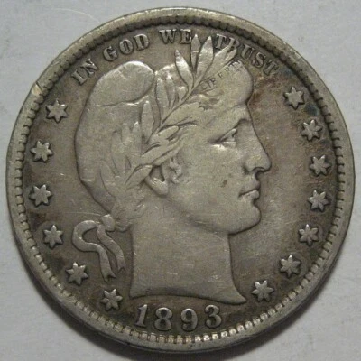 = 1893 VF+ BARBER Quarter, Nice Details & EYE Appeal, FREE Shipping - Image 1 of 2