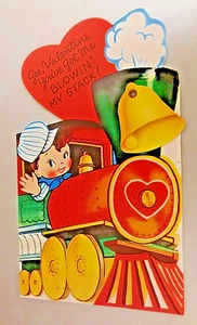 Vintage Mechanical Valentine - Train & Conductor With Moving Train Bell, Unused - Picture 1 of 2