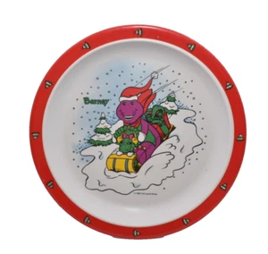 Vintage Barney & Baby Bop Sledding 1993 Christmas Holidays Kids Melamine Plate - Picture 1 of 6