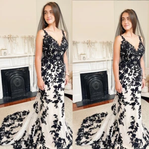 Gothic Wedding Dress Mermaid Black and White Spaghetti Strap V Neck Bridal Gown - Picture 1 of 9