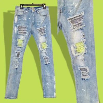 NUEVO - Pantalones de mezclilla ajustados elásticos desgastados parcheados con estrás Blind Trust Foto 1 de 4