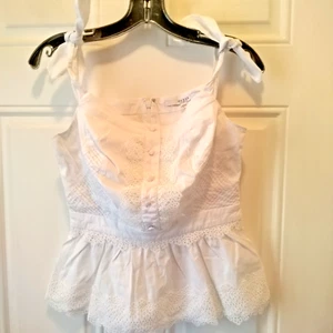 Guess Womens S White Lace Trim Buttons gathered Waist tie shoulders Blouse J850 - Picture 1 of 5