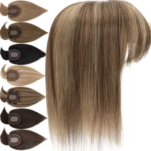 100% Remy Human Hair Topper Clip In Top Hairpiece Toupee Silk Base with Bangs - Picture 1 of 18