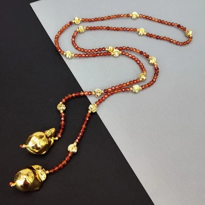 Collar largo facetado granate naranja real perla barroca cultivada enchapada en oro Foto 1 de 4