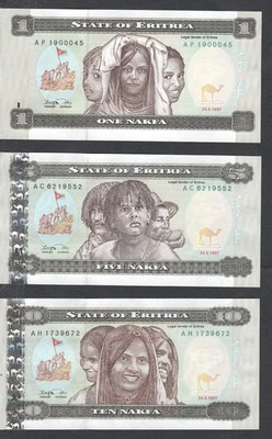 Eritrea 3 note set , 1, 5, and 100 Nakfa,  1997, UV images, uncirculated $12+CV - Image 1 of 4