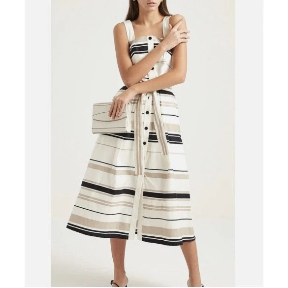 Karen Millen Button Front A Line Tank Sundress Cotton Striped Preppy Size 10 - Image 1 of 4