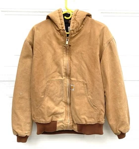 VTG Carhartt J140BRN Men's Heavy Hooded Lined Jacket Zip Large TAN USA - Picture 1 of 9