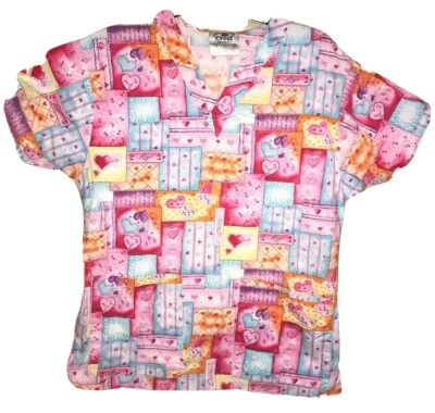 Women's Scrub Top Size XS Crest Cottons Patchwork Heart Pattern - Image 1 of 4