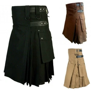 Leather Kilt Cargo Scottish-Dress Men Vintage Gothic Steampunk Patchwork Pocket - Picture 1 of 13