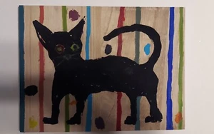 Outsider Art Volkskunst Acryl auf Holz schwarze Katze Farben 9x11" signiert Laube - Bild 1 von 4