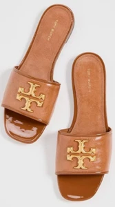 TORY BURCH ELEANOR SLIDE SANDAL BOURBON LEATHER GOLD LOGO SZ US 9.5 NIB - Picture 1 of 16
