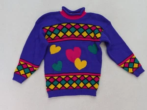 Brisbane Express Vintage 80s 90s Girl's Sweater Size M 10/12 Purple Neon Heart - Picture 1 of 12